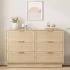Commode en rotin à 6 tiroirs, 120 cm de large, en chêne naturel, 6 tiroirs avec poignées métalliques et base robuste en bois pour chambre à coucher, salon, chambre d'enfant