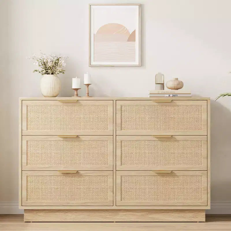 Commode en rotin à 6 tiroirs, 120 cm de large, en chêne naturel, 6 tiroirs avec poignées métalliques et base robuste en bois pour chambre à coucher, salon, chambre d'enfant