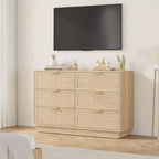Commode en rotin à 6 tiroirs, 120 cm de large, en chêne naturel, 6 tiroirs avec poignées métalliques et base robuste en bois pour chambre à coucher, salon, chambre d'enfant