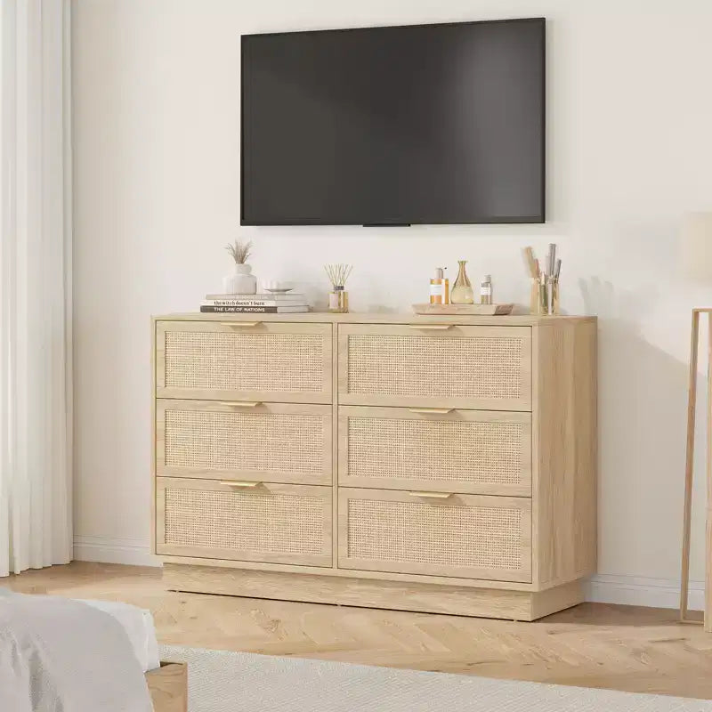 Commode en rotin à 6 tiroirs, 120 cm de large, en chêne naturel, 6 tiroirs avec poignées métalliques et base robuste en bois pour chambre à coucher, salon, chambre d'enfant