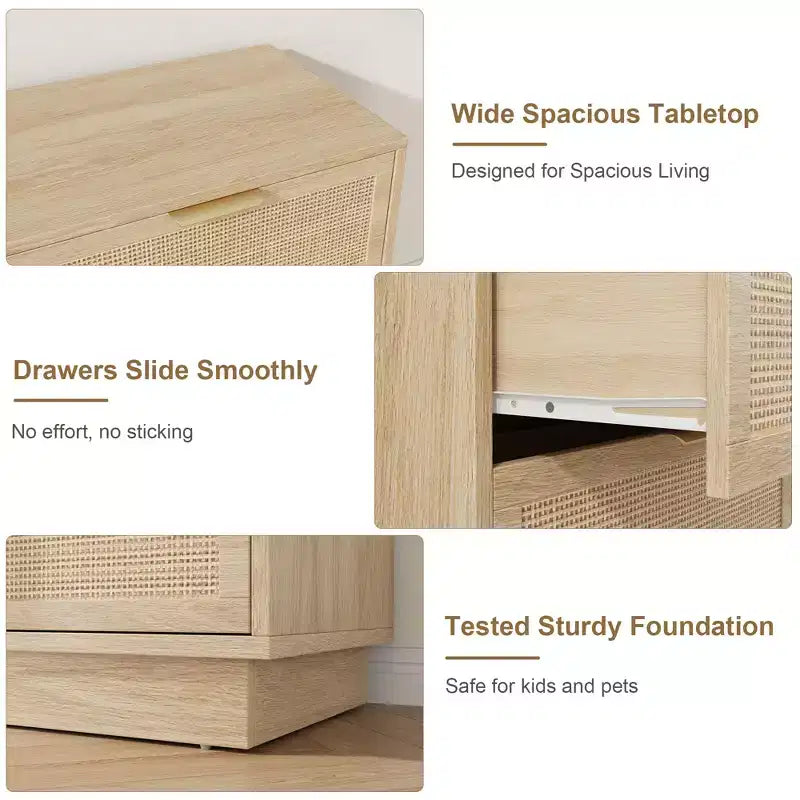 Commode en rotin à 6 tiroirs, 120 cm de large, en chêne naturel, 6 tiroirs avec poignées métalliques et base robuste en bois pour chambre à coucher, salon, chambre d'enfant