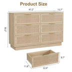 Commode en rotin à 6 tiroirs, 120 cm de large, en chêne naturel, 6 tiroirs avec poignées métalliques et base robuste en bois pour chambre à coucher, salon, chambre d'enfant