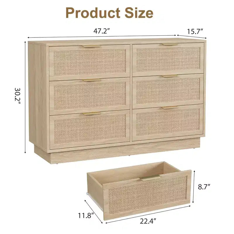 Commode en rotin à 6 tiroirs, 120 cm de large, en chêne naturel, 6 tiroirs avec poignées métalliques et base robuste en bois pour chambre à coucher, salon, chambre d'enfant
