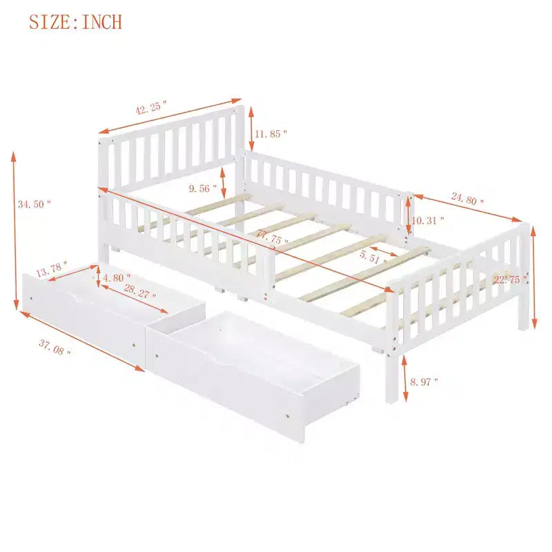 Lit plateforme en bois avec barrières de sécurité pour enfants, cadre de lit plateforme en bois avec 2 tiroirs de rangement