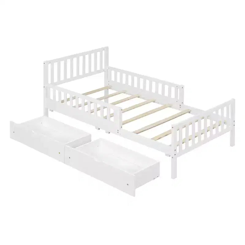 Lit plateforme en bois avec barrières de sécurité pour enfants, cadre de lit plateforme en bois avec 2 tiroirs de rangement