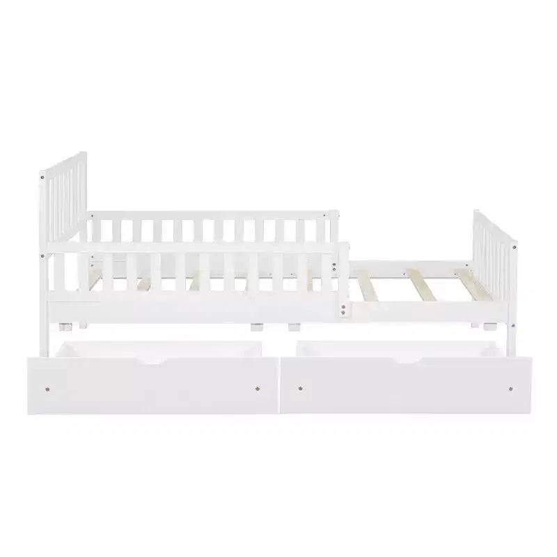 Lit plateforme en bois avec barrières de sécurité pour enfants, cadre de lit plateforme en bois avec 2 tiroirs de rangement