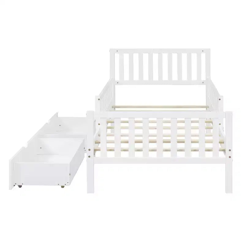 Lit plateforme en bois avec barrières de sécurité pour enfants, cadre de lit plateforme en bois avec 2 tiroirs de rangement
