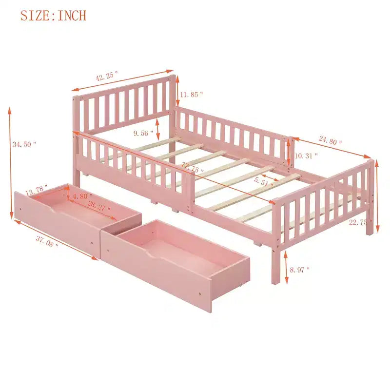 Lit plateforme en bois avec barrières de sécurité pour enfants, cadre de lit plateforme en bois avec 2 tiroirs de rangement