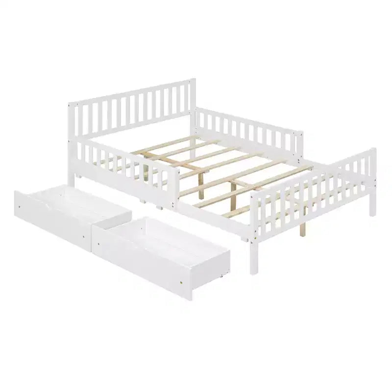 Lit plateforme en bois avec barrières de sécurité pour enfants, cadre de lit plateforme en bois avec 2 tiroirs de rangement
