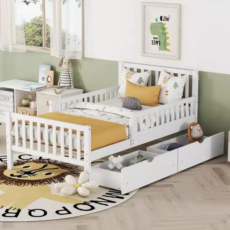 Lit plateforme en bois avec barrières de sécurité pour enfants, cadre de lit plateforme en bois avec 2 tiroirs de rangement