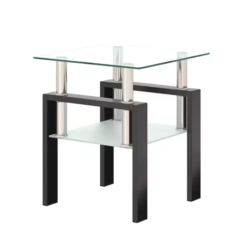 Table basse carrée à deux niveaux en verre avec étagère de rangement, table à thé moderne pour salon ou bureau