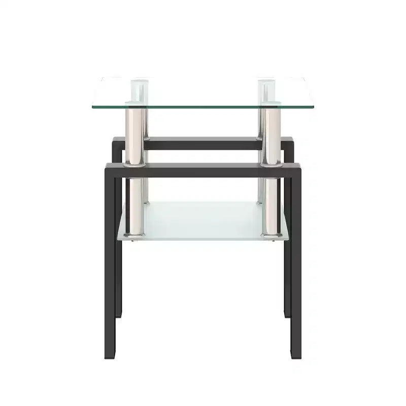Table basse carrée à deux niveaux en verre avec étagère de rangement, table à thé moderne pour salon ou bureau