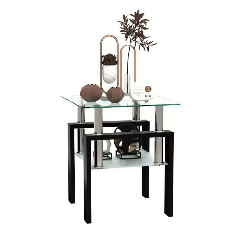 Table basse carrée à deux niveaux en verre avec étagère de rangement, table à thé moderne pour salon ou bureau
