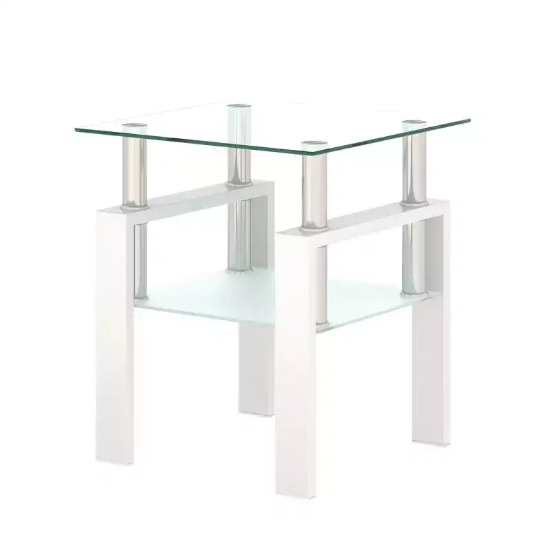 Table basse carrée à deux niveaux en verre avec étagère de rangement, table à thé moderne pour salon ou bureau
