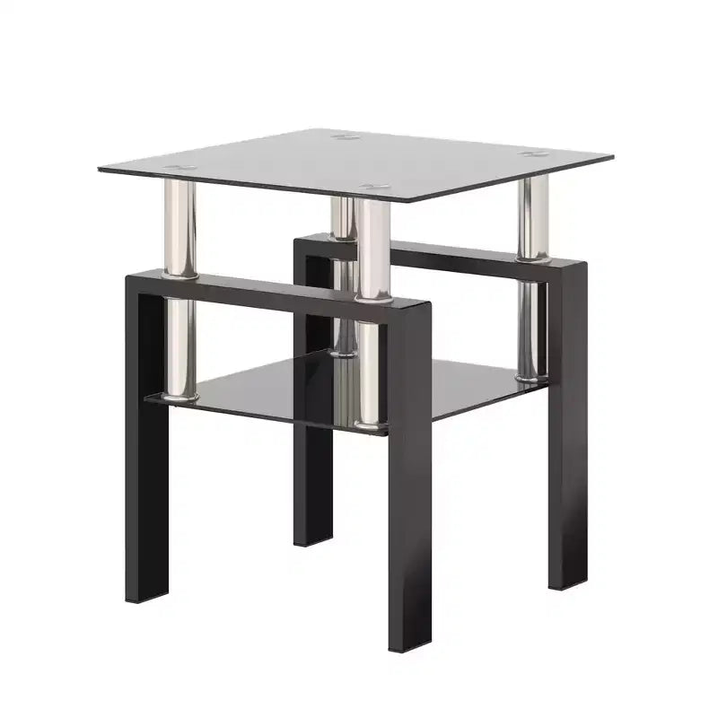 Table basse carrée à deux niveaux en verre avec étagère de rangement, table à thé moderne pour salon ou bureau