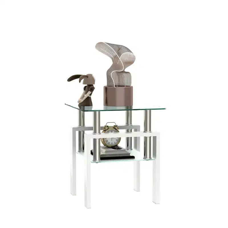 Table basse carrée à deux niveaux en verre avec étagère de rangement, table à thé moderne pour salon ou bureau