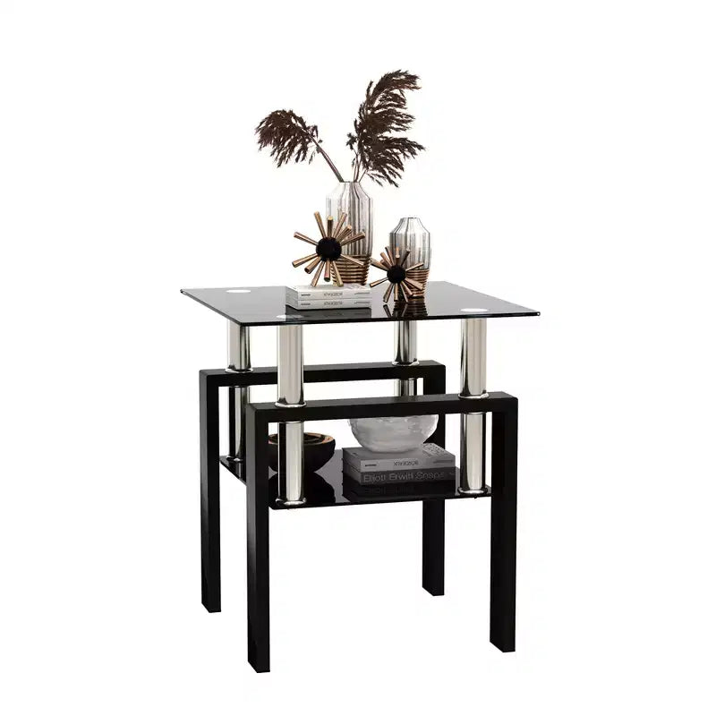 Table basse carrée à deux niveaux en verre avec étagère de rangement, table à thé moderne pour salon ou bureau
