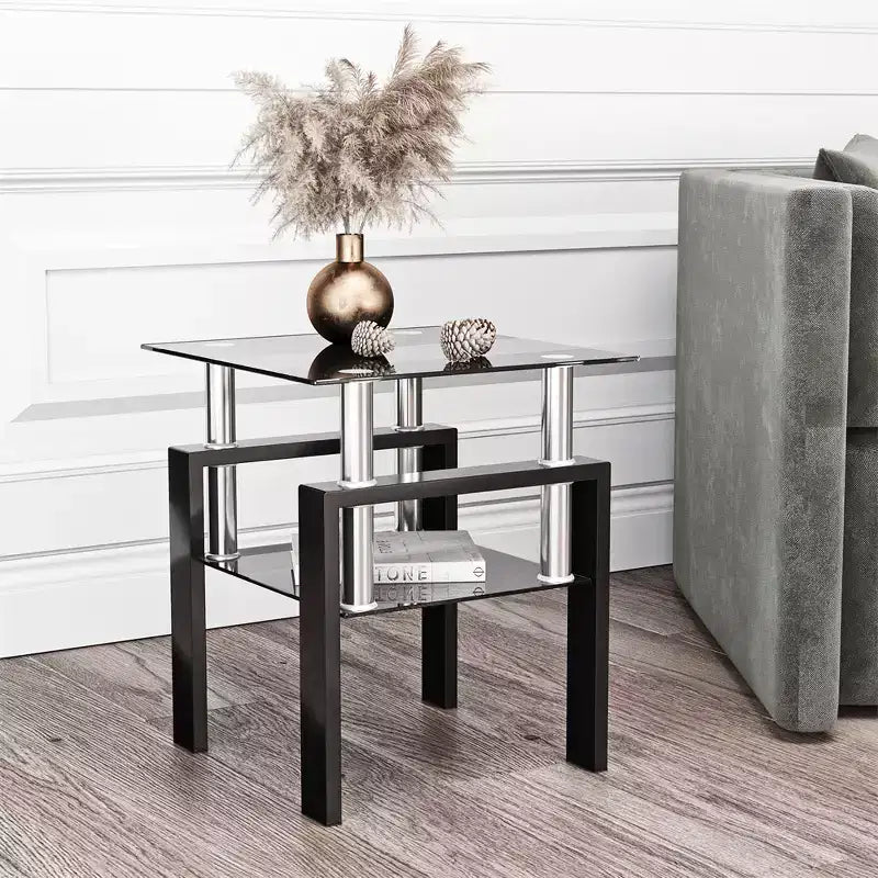 2-Tier Square Glass Coffee Table with Storage Shelf, Modern Living Room or Office Tea Table