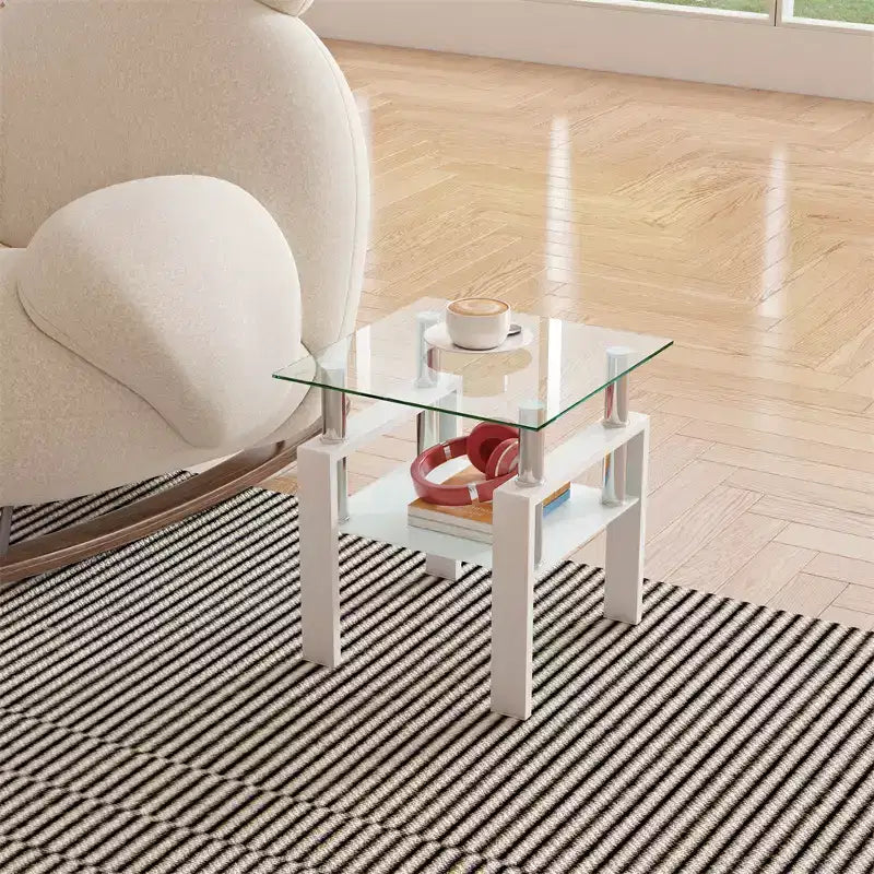 Table basse carrée à deux niveaux en verre avec étagère de rangement, table à thé moderne pour salon ou bureau