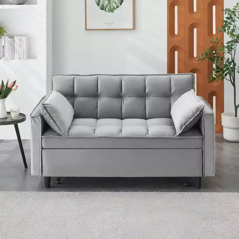 MAYEERTY Modern Velevt Loveseat Sleeper Sofa Couch Pull Out Bed with Toss Pillows Pockets for Living Room Bedroom Gray
