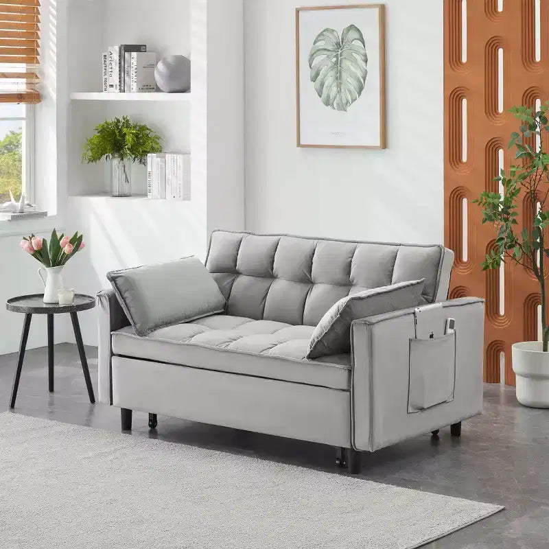 MAYEERTY Canapé de salon moderne en velours avec canapé-lit escamotable, coussins décoratifs et poches pour salon et chambre, gris