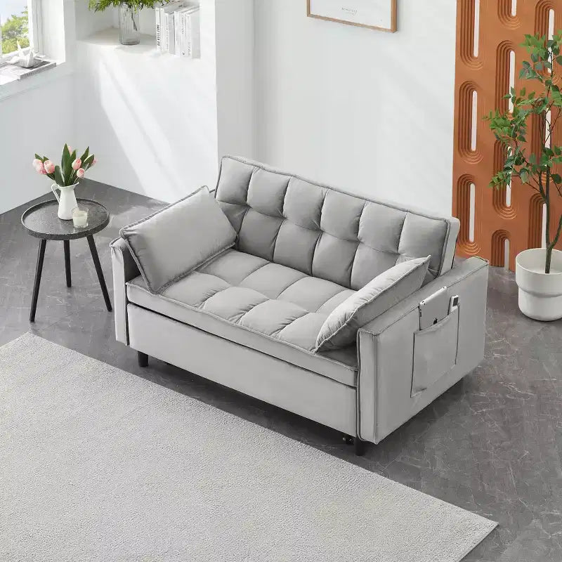 MAYEERTY Canapé de salon moderne en velours avec canapé-lit escamotable, coussins décoratifs et poches pour salon et chambre, gris