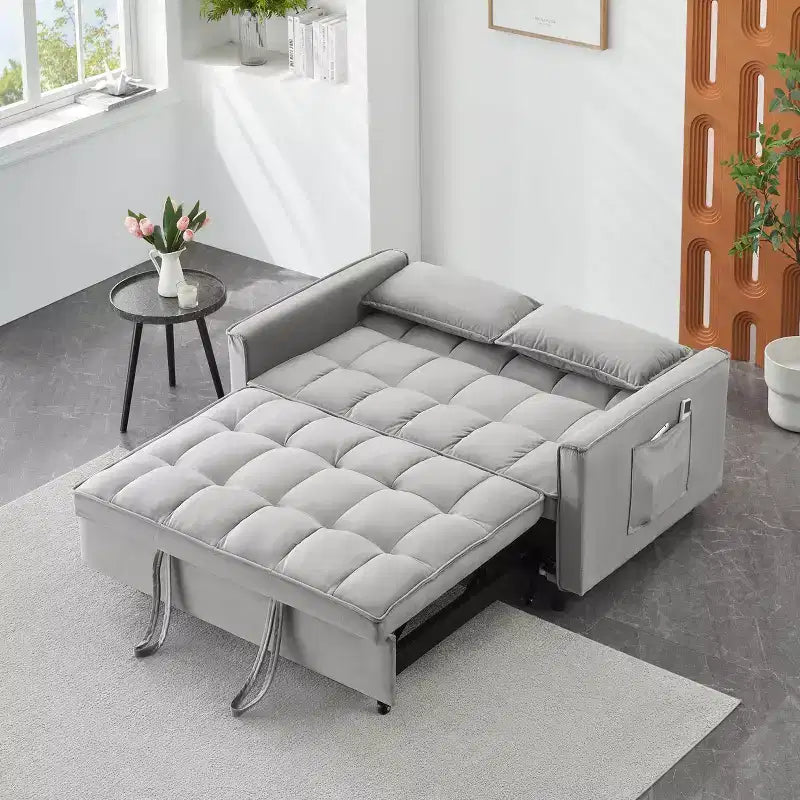 MAYEERTY Canapé de salon moderne en velours avec canapé-lit escamotable, coussins décoratifs et poches pour salon et chambre, gris