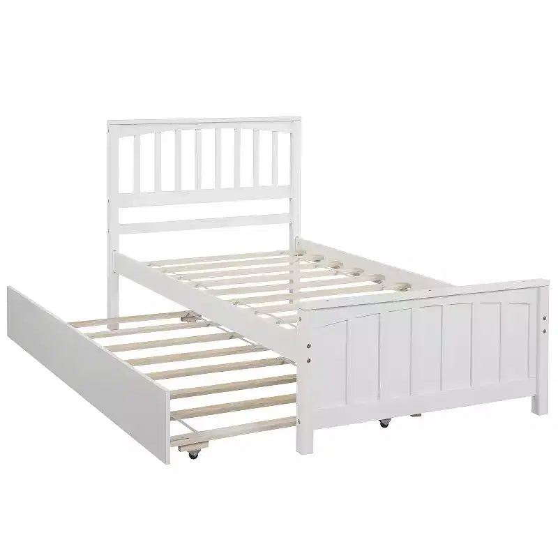 Lit Double Plateforme avec Lit Gigogne, Cadre de Lit en Bois avec Tête de Lit et Pied de Lit pour Chambre à Coucher