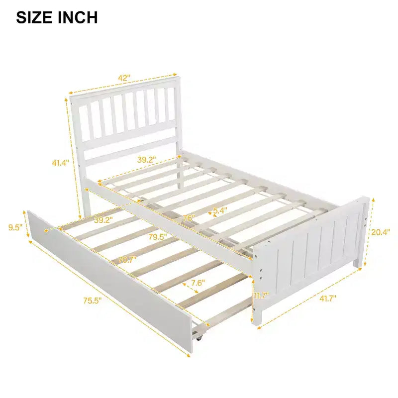 Lit Double Plateforme avec Lit Gigogne, Cadre de Lit en Bois avec Tête de Lit et Pied de Lit pour Chambre à Coucher