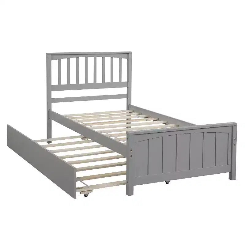 Lit Double Plateforme avec Lit Gigogne, Cadre de Lit en Bois avec Tête de Lit et Pied de Lit pour Chambre à Coucher