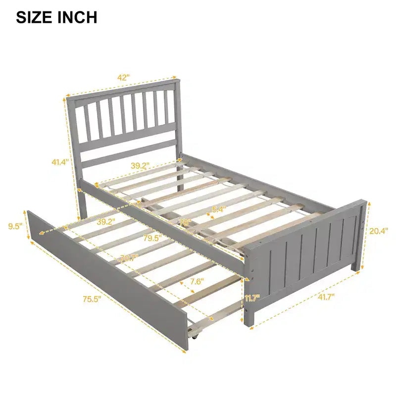 Lit Double Plateforme avec Lit Gigogne, Cadre de Lit en Bois avec Tête de Lit et Pied de Lit pour Chambre à Coucher