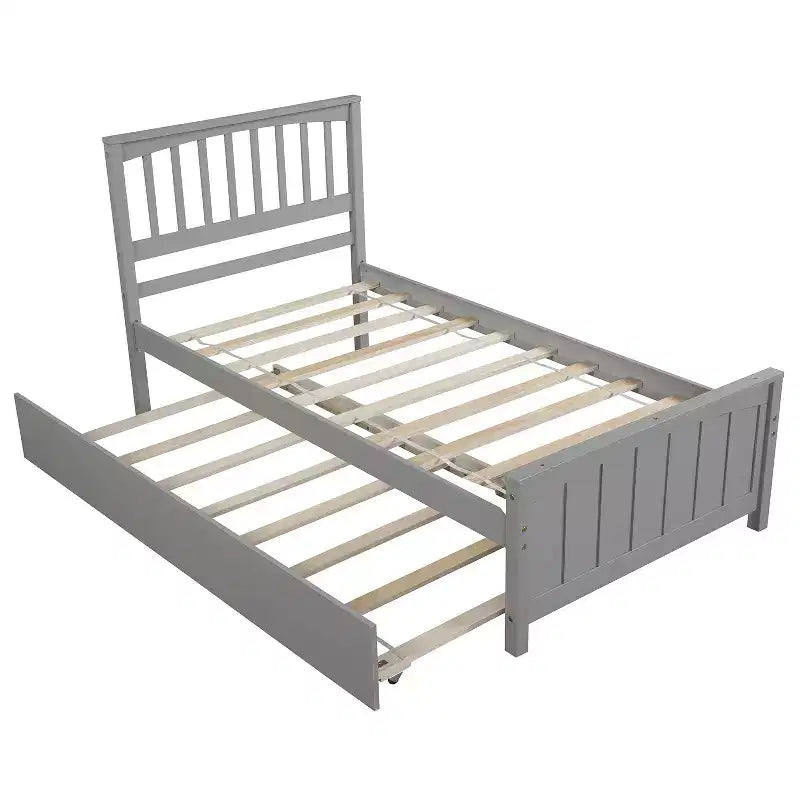 Lit Double Plateforme avec Lit Gigogne, Cadre de Lit en Bois avec Tête de Lit et Pied de Lit pour Chambre à Coucher