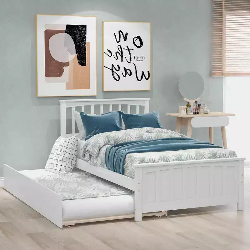 Lit Double Plateforme avec Lit Gigogne, Cadre de Lit en Bois avec Tête de Lit et Pied de Lit pour Chambre à Coucher