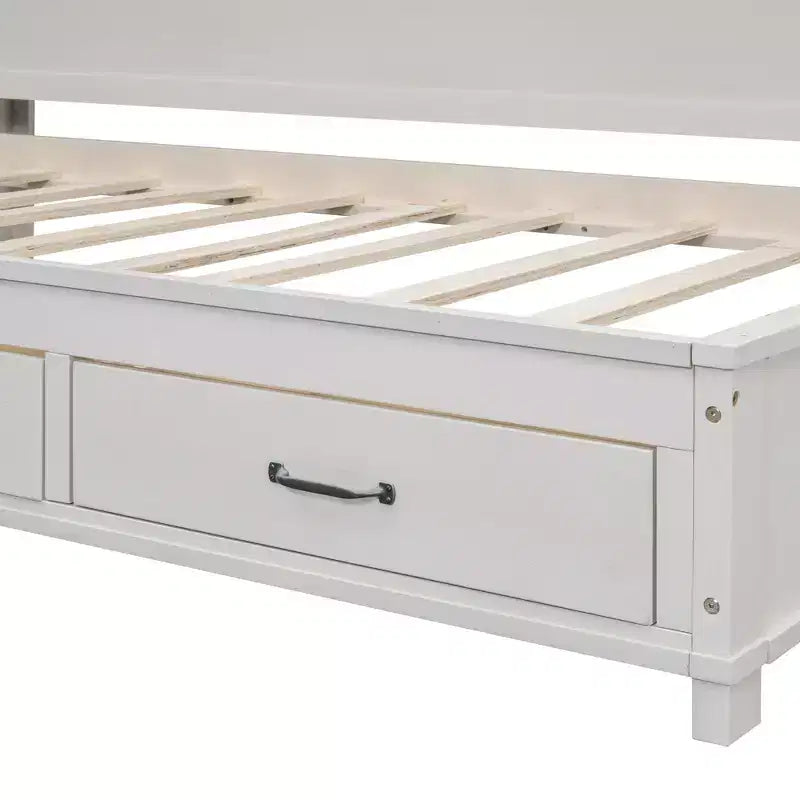 Lit de repos avec 3 tiroirs de rangement et prises et ports USB, cadre de lit en bois avec panneau supérieur rembourré pour chambre à coucher ou chambre d'amis, blanc