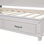 Lit de repos avec 3 tiroirs de rangement et prises et ports USB, cadre de lit en bois avec panneau supérieur rembourré pour chambre à coucher ou chambre d'amis, blanc