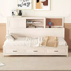 Lit de repos avec 3 tiroirs de rangement et prises et ports USB, cadre de lit en bois avec panneau supérieur rembourré pour chambre à coucher ou chambre d'amis, blanc