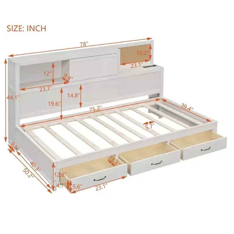 Lit de repos avec 3 tiroirs de rangement et prises et ports USB, cadre de lit en bois avec panneau supérieur rembourré pour chambre à coucher ou chambre d'amis, blanc