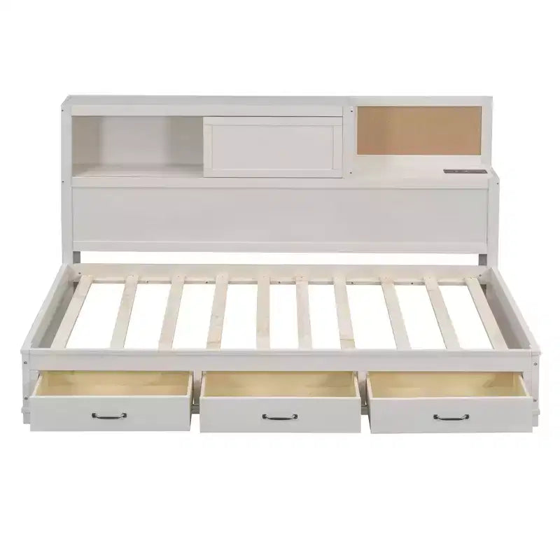 Lit de repos avec 3 tiroirs de rangement et prises et ports USB, cadre de lit en bois avec panneau supérieur rembourré pour chambre à coucher ou chambre d'amis, blanc