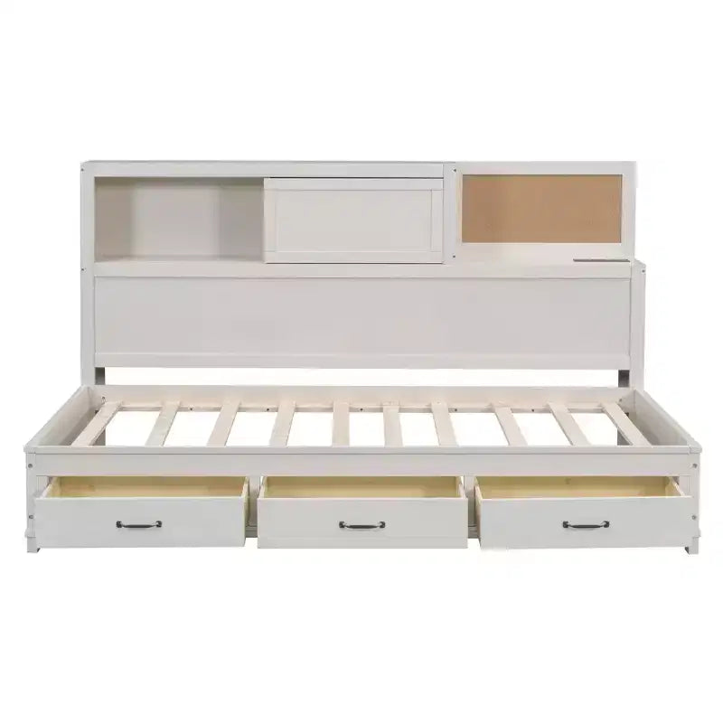 Lit de repos avec 3 tiroirs de rangement et prises et ports USB, cadre de lit en bois avec panneau supérieur rembourré pour chambre à coucher ou chambre d'amis, blanc