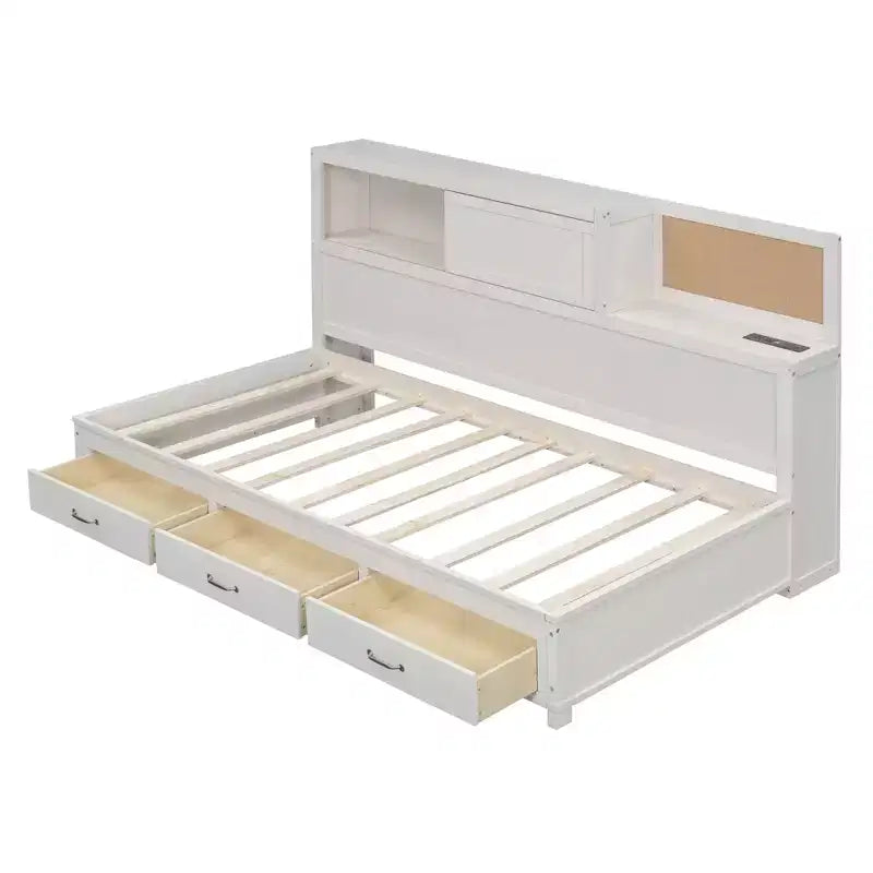 Lit de repos avec 3 tiroirs de rangement et prises et ports USB, cadre de lit en bois avec panneau supérieur rembourré pour chambre à coucher ou chambre d'amis, blanc