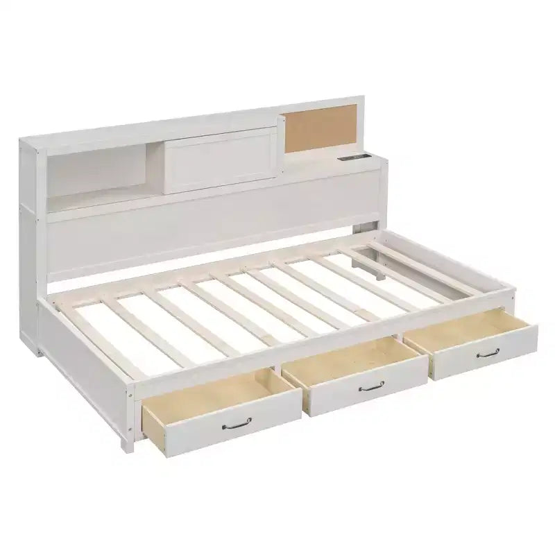 Lit de repos avec 3 tiroirs de rangement et prises et ports USB, cadre de lit en bois avec panneau supérieur rembourré pour chambre à coucher ou chambre d'amis, blanc