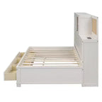 Lit de repos avec 3 tiroirs de rangement et prises et ports USB, cadre de lit en bois avec panneau supérieur rembourré pour chambre à coucher ou chambre d'amis, blanc
