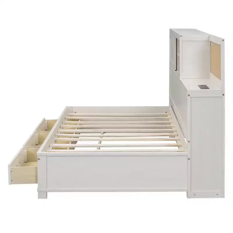 Lit de repos avec 3 tiroirs de rangement et prises et ports USB, cadre de lit en bois avec panneau supérieur rembourré pour chambre à coucher ou chambre d'amis, blanc