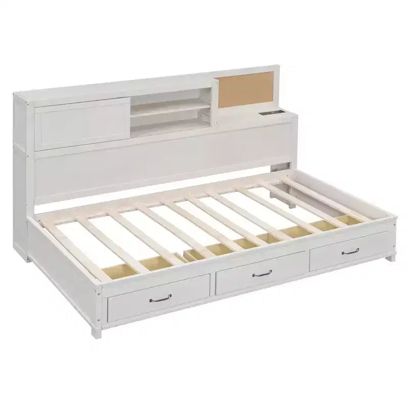 Lit de repos avec 3 tiroirs de rangement et prises et ports USB, cadre de lit en bois avec panneau supérieur rembourré pour chambre à coucher ou chambre d'amis, blanc