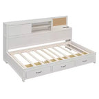 Lit de repos avec 3 tiroirs de rangement et prises et ports USB, cadre de lit en bois avec panneau supérieur rembourré pour chambre à coucher ou chambre d'amis, blanc