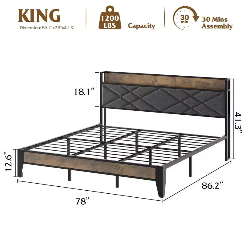Cadre de lit King avec tête de lit, lit plateforme vintage avec station de charge et étagère de rangement, aucun sommier tapissier requis, gris et marron