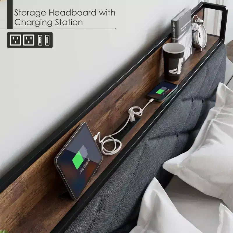 Cadre de lit King avec tête de lit, lit plateforme vintage avec station de charge et étagère de rangement, aucun sommier tapissier requis, gris et marron