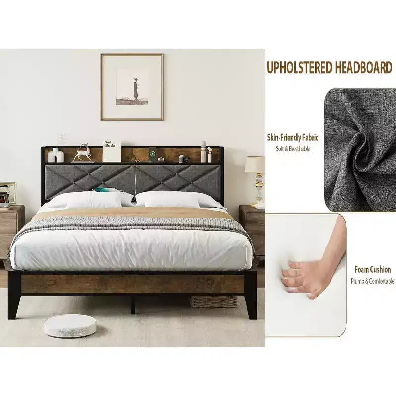 Cadre de lit King avec tête de lit, lit plateforme vintage avec station de charge et étagère de rangement, aucun sommier tapissier requis, gris et marron