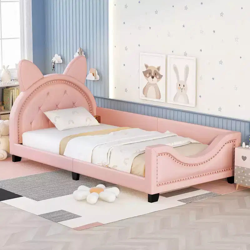 Lit de repos en carton taille jumeau pour enfants, cadre de lit de repos en cuir PU avec tête de lit en forme d'oreilles et décoration de rivets pour filles et garçons, rose