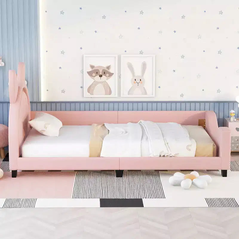Lit de repos en carton taille jumeau pour enfants, cadre de lit de repos en cuir PU avec tête de lit en forme d'oreilles et décoration de rivets pour filles et garçons, rose